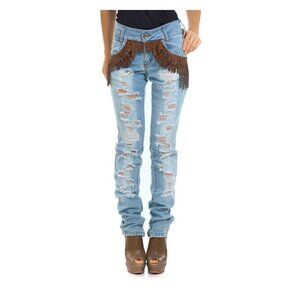 ELEONORA Real Leather Trim Distressed Skinny Jeans‎